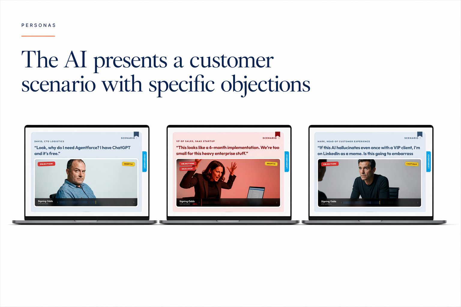 The AI presents a customer scenario with specific objections.